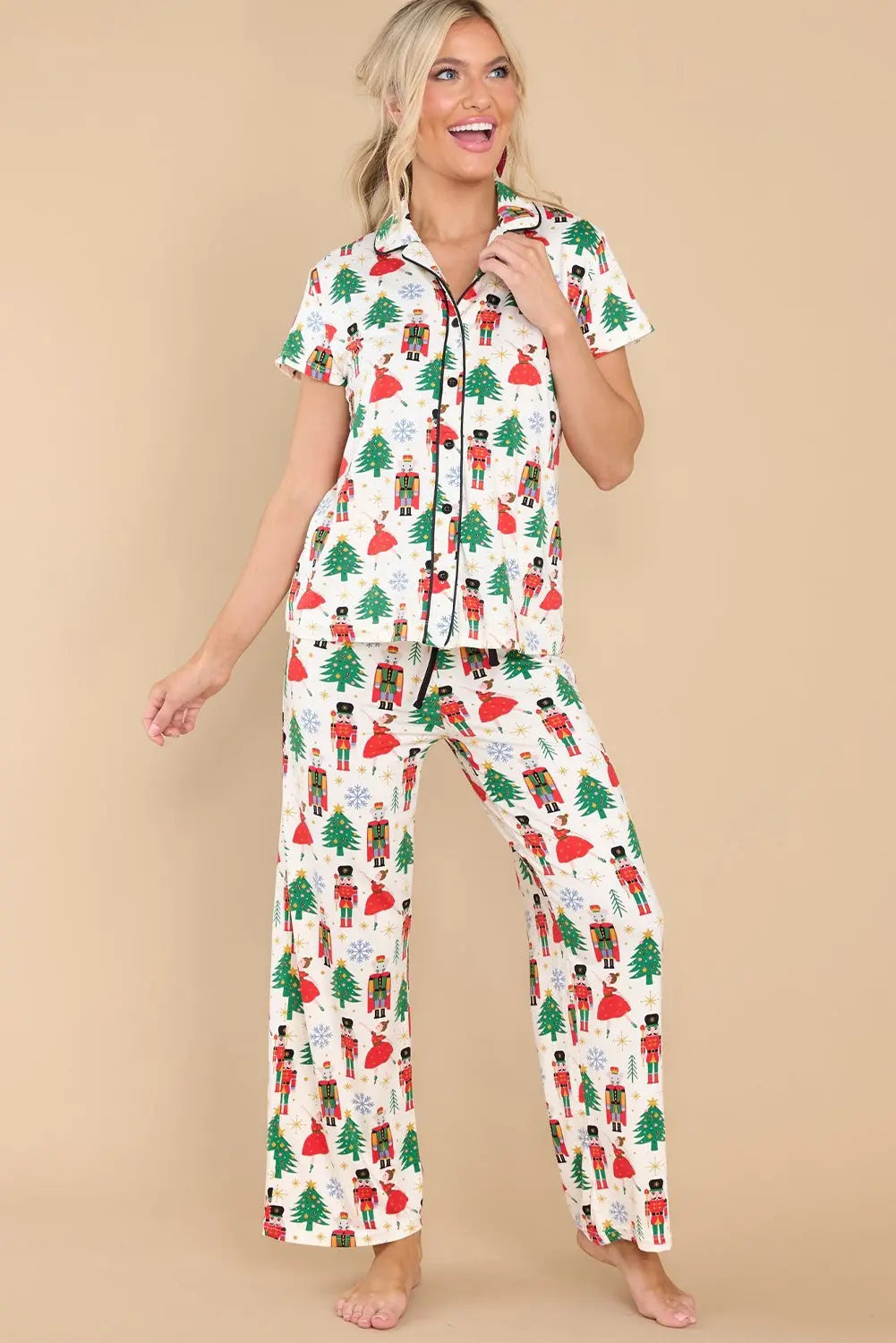 White Printed Christmas Pattern Buttoned Two Piece Sleepwear Dear-Lover Dropshipping