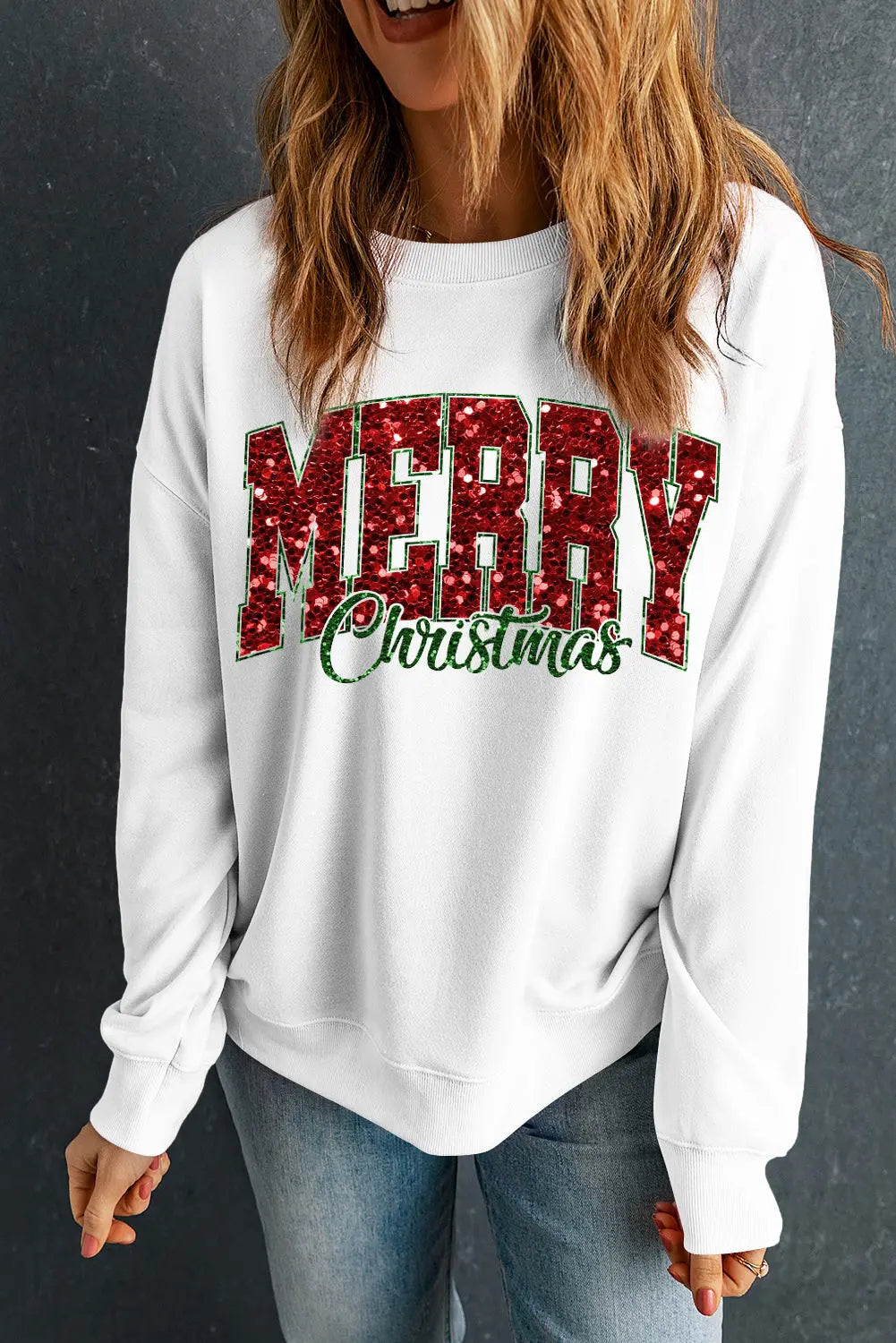 Beige MERRY Christmas Heat Transfer Printing Crewneck Pullover Sweatshirt Dear-Lover Dropshipping