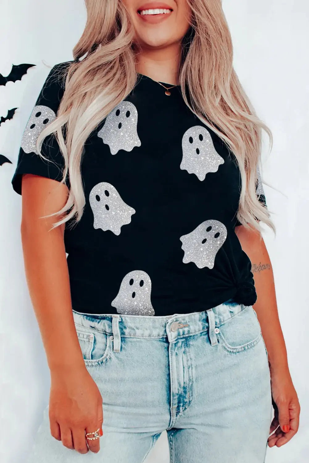 Black Glitter Ghost Pattern Crew Neck Halloween T Shirt Dear-Lover Dropshipping