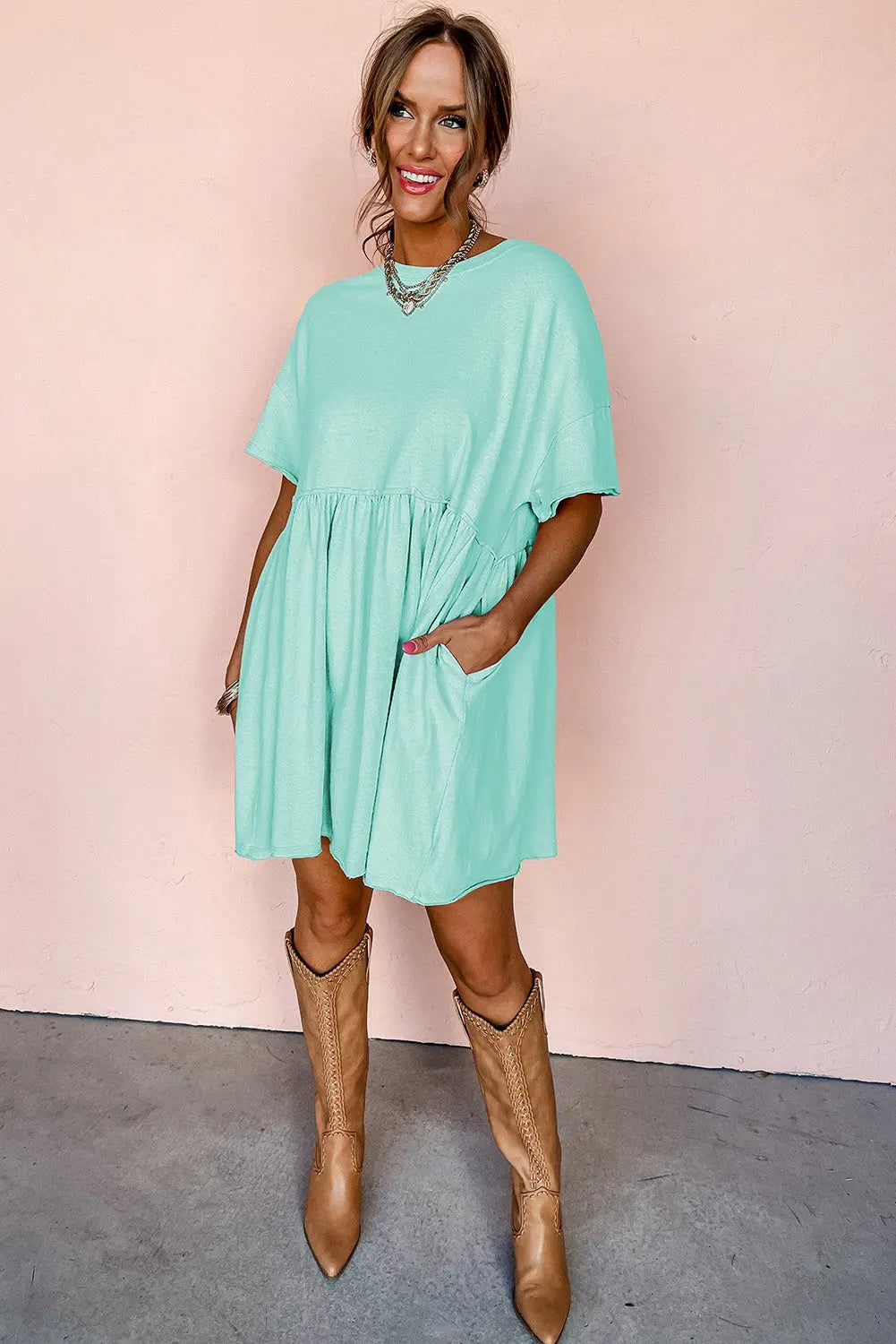 Moonlight Jade Solid Color Pocketed Raw Edge Babydoll Dress Dear-Lover Dropshipping