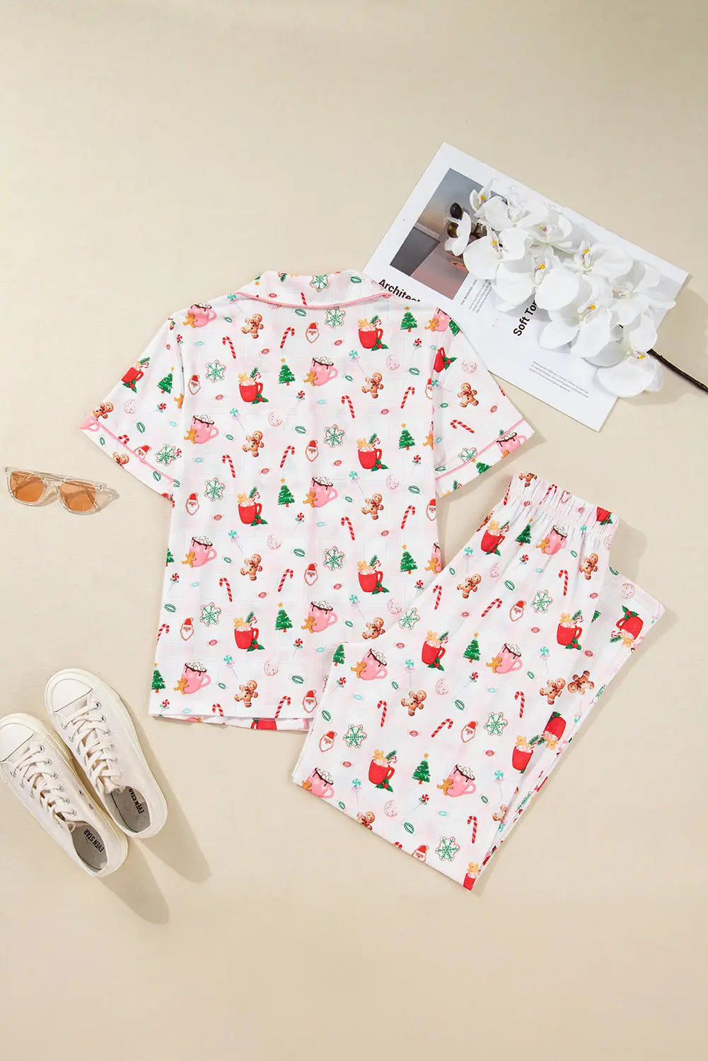 Pink Christmas Spirit Cute Holiday Print Short Sleeve Shirt and Pants 2pcs Pajama Set Dear-Lover Dropshipping