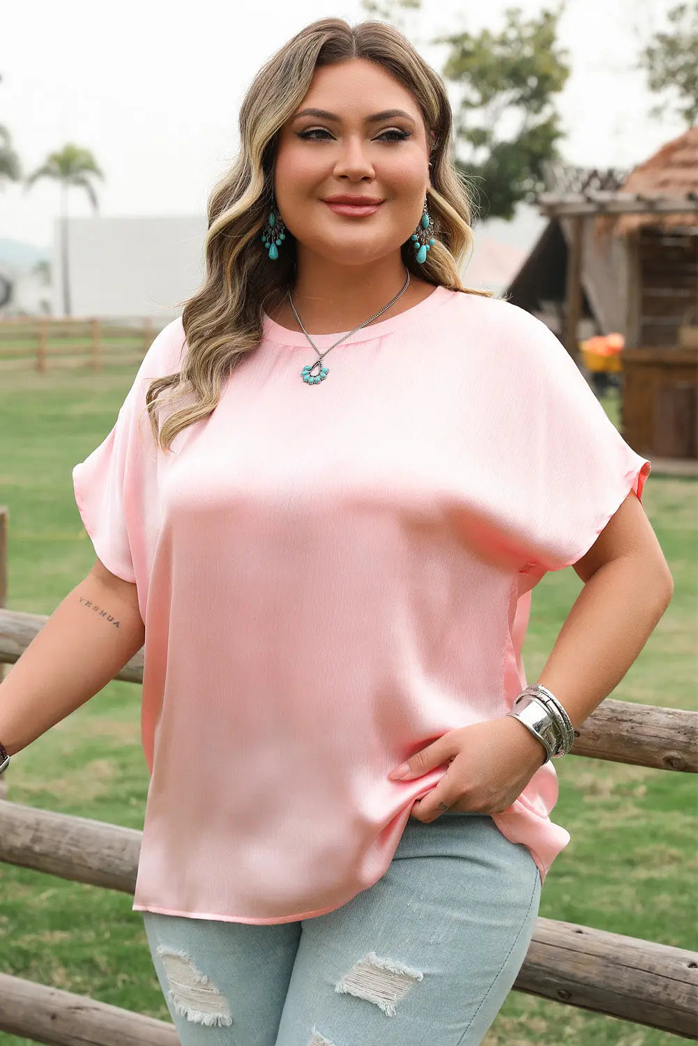 Pink Metallic Gloss Short Batwing Sleeve Plus Size Top Dear-Lover Dropshipping