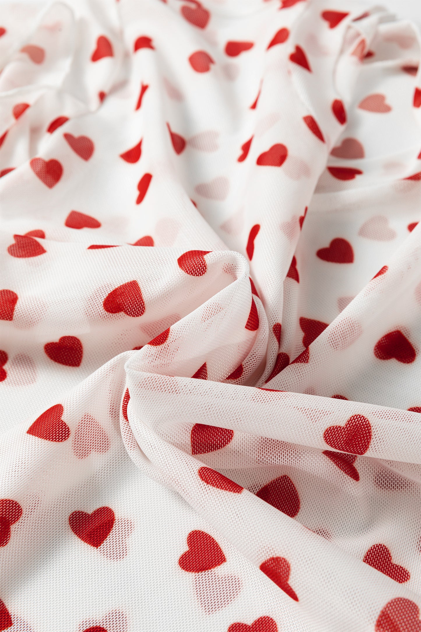 Red Allover Heart Print Mesh Short Sleeve Top