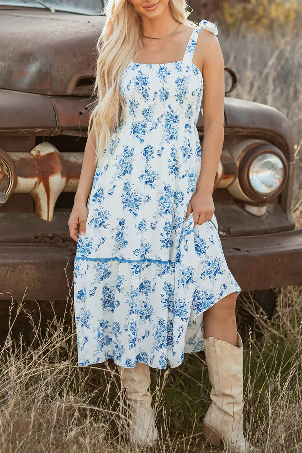Sky Blue Floral Print Shirred Knot Shoulder Sleeveless Long Dress Dear-Lover Dropshipping