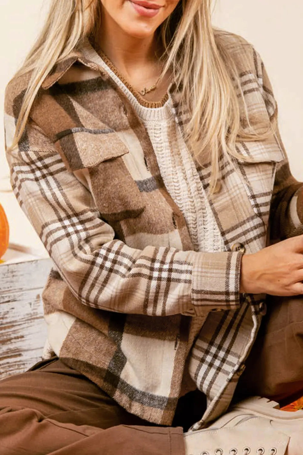 Light French Beige Flannel Plaid Double Flap Pocket Shacket Dear-Lover Dropshipping