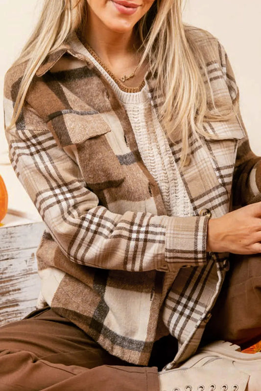 Light French Beige Flannel Plaid Double Flap Pocket Shacket Dear-Lover Dropshipping