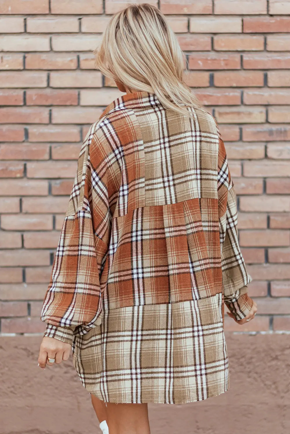Khaki Plaid Colorblock Patchwork High Low Shacket Dear-Lover Dropshipping