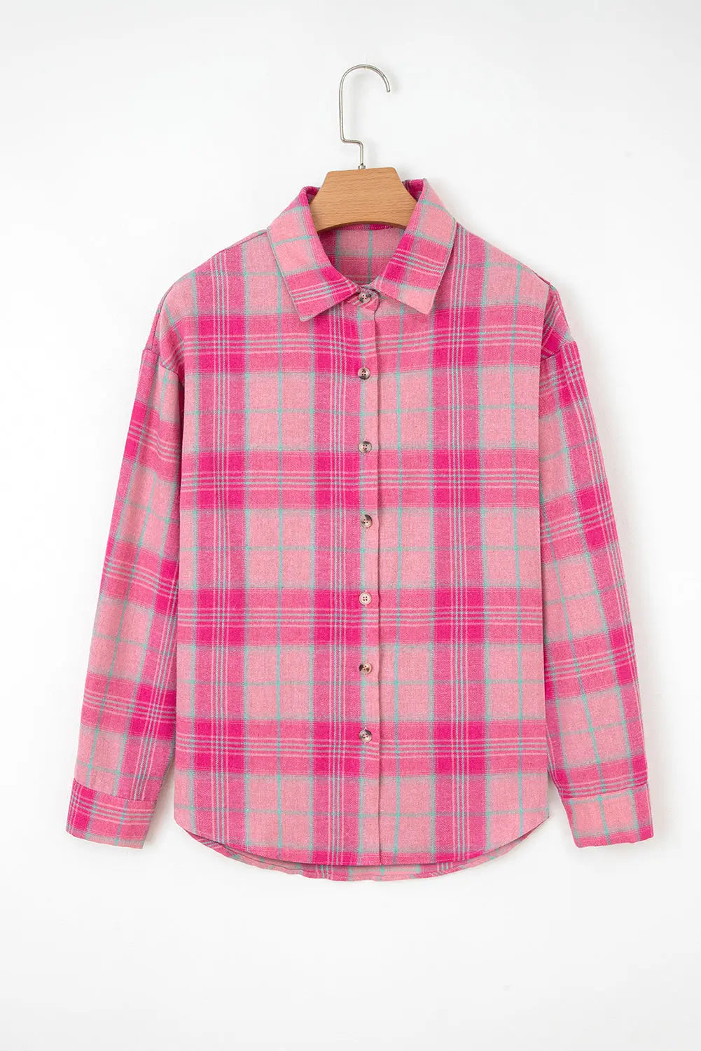 Sachet Pink Plaid Print Rounded Hem Long Sleeve Shirt with Pockets Dear-Lover Dropshipping