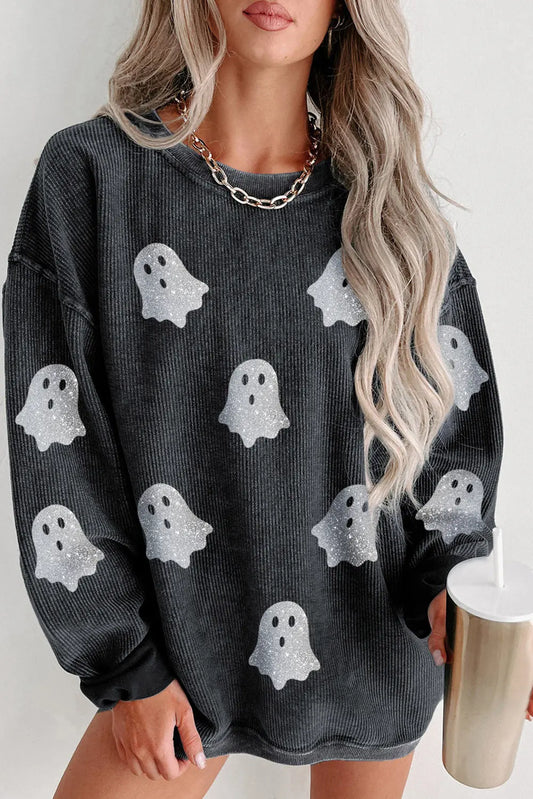 Black Halloween Ghost Corded Crew Neck Loose Sweatshirt Dear-Lover Dropshipping