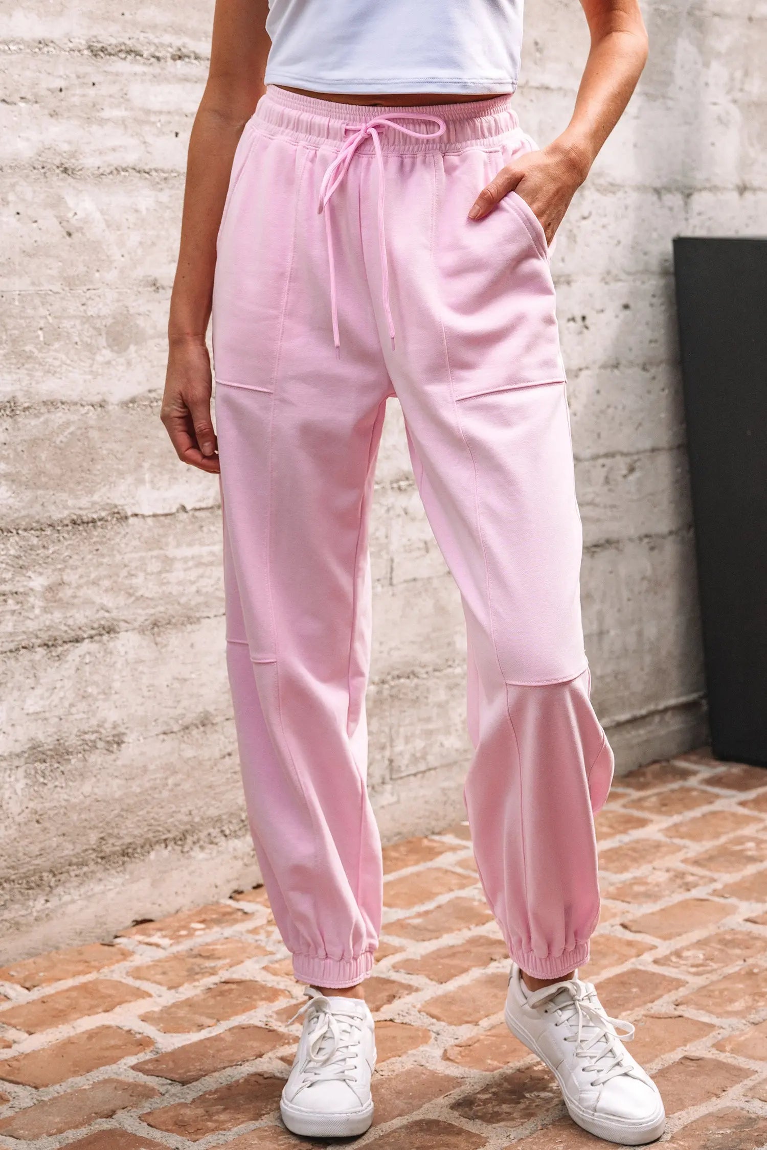 Light Pink Drawstring Elastic Waistband Solid Color Jogger Pants Dear-Lover Dropshipping