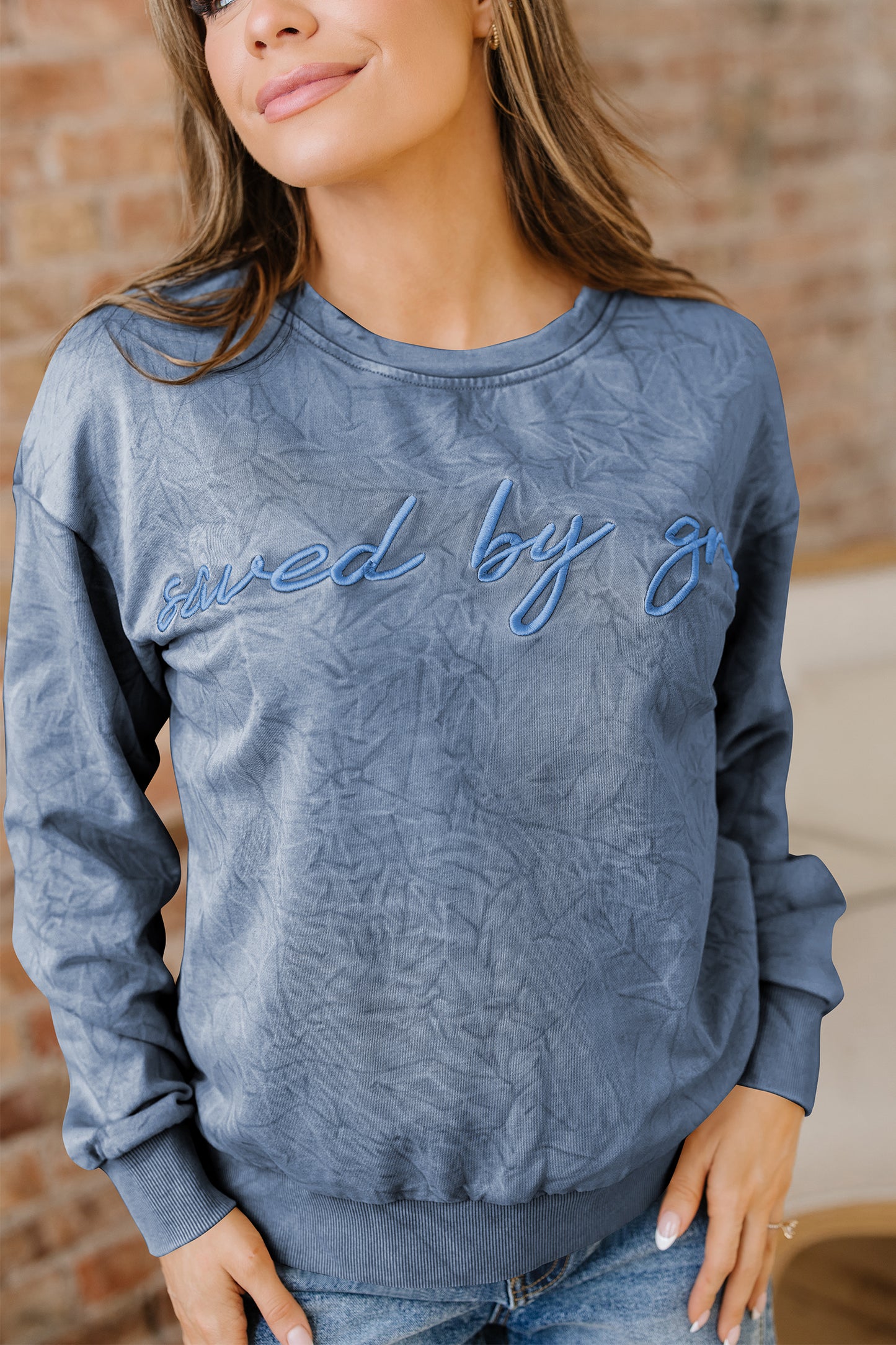 Real Teal saved by grace Letter Embroidery Mineral Wash Loose Sweatshirt