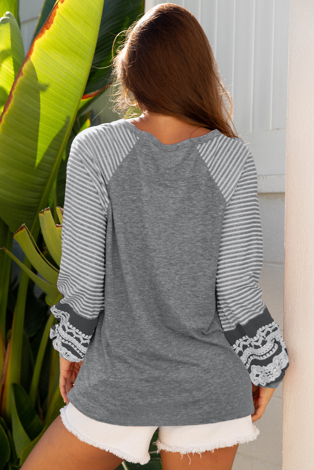 Gray Contrast Print Striped Raglan Long Sleeve Loose Top