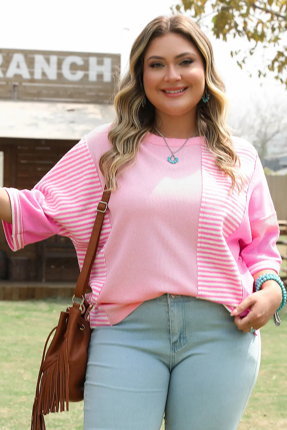 Pink Stripe Patchwork Colorblock Plus Size T Shirt Dear-Lover Dropshipping