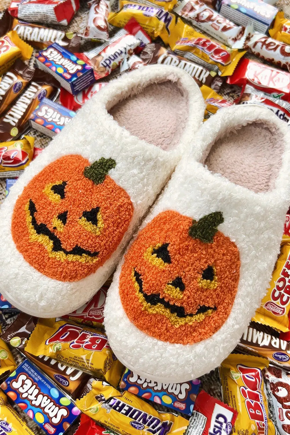 White Halloween Pumpkin Print Plush Slippers (Runs Small, Size Up) Dear-Lover Dropshipping