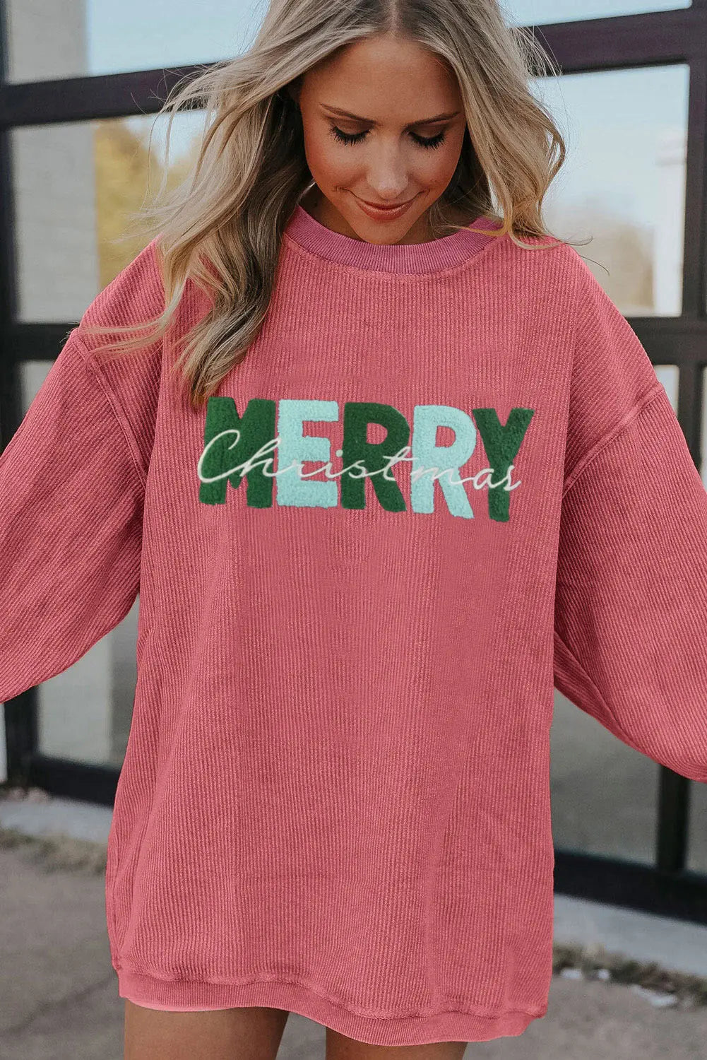 Strawberry Pink MERRY Christmas Chenille Embroidered Corded Sweatshirt Dear-Lover Dropshipping