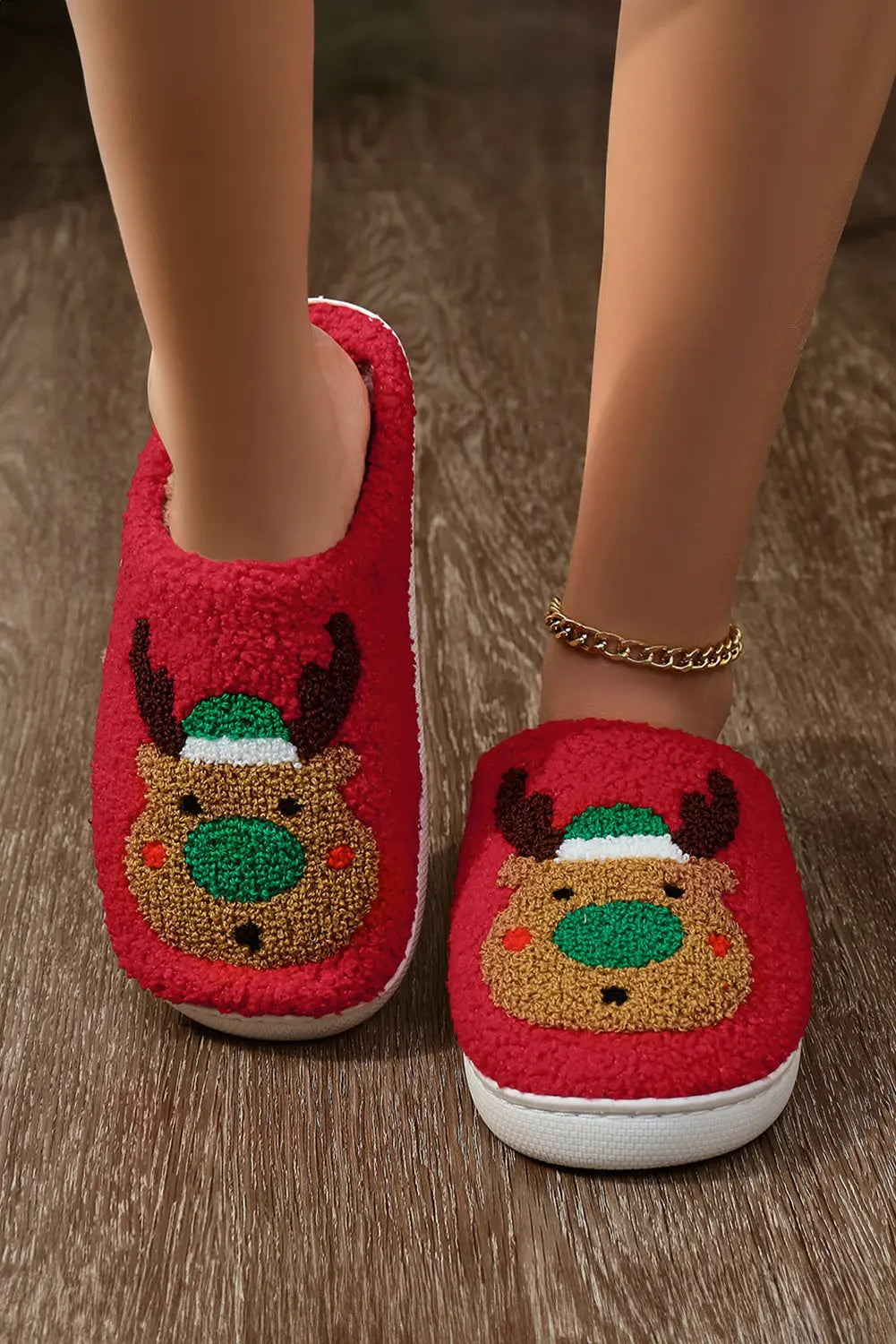 Fiery Red Christmas Reindeer Pattern Thick Sole Plush Slippers Dear-Lover Dropshipping