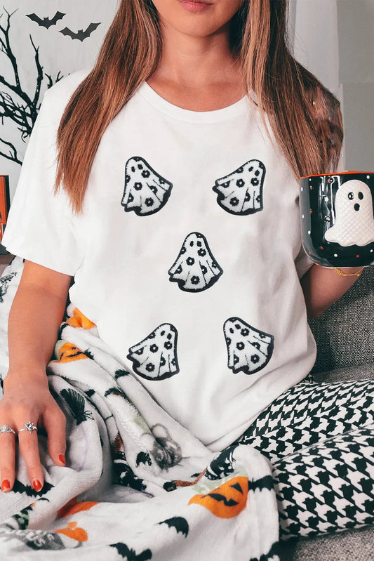 White Playful Ghost Patched Cotton Blend T Shirt Dear-Lover Dropshipping