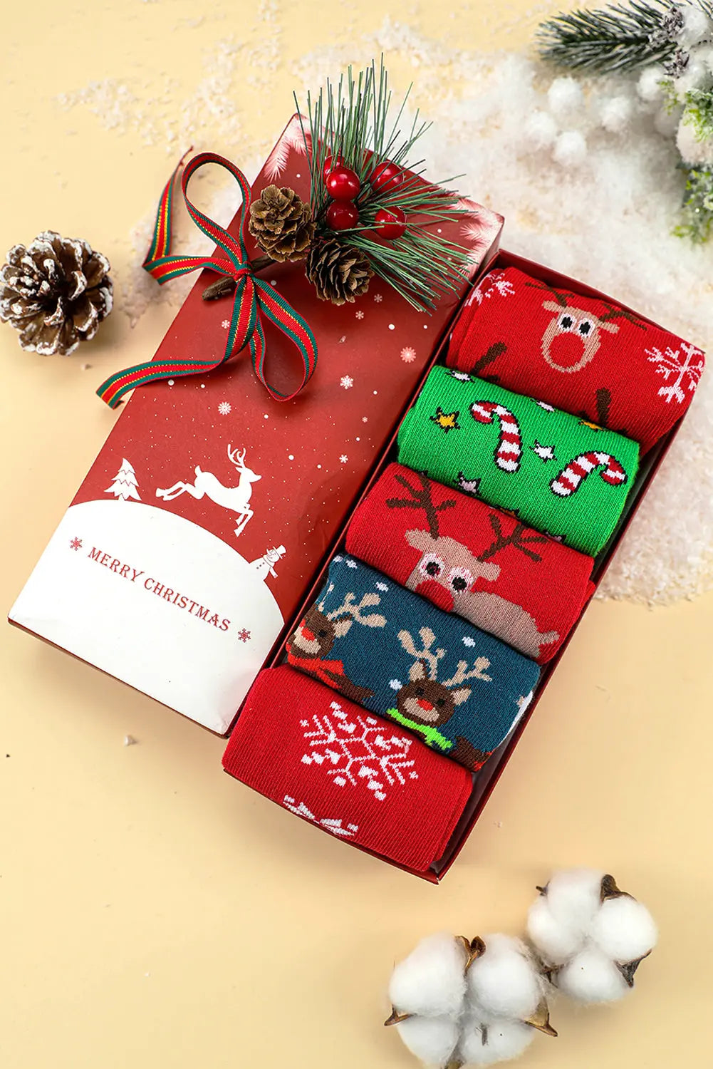 Fiery Red 5 Pairs/Set Christmas Cartoon Elk Soft Socks Set with Box Dear-Lover Dropshipping