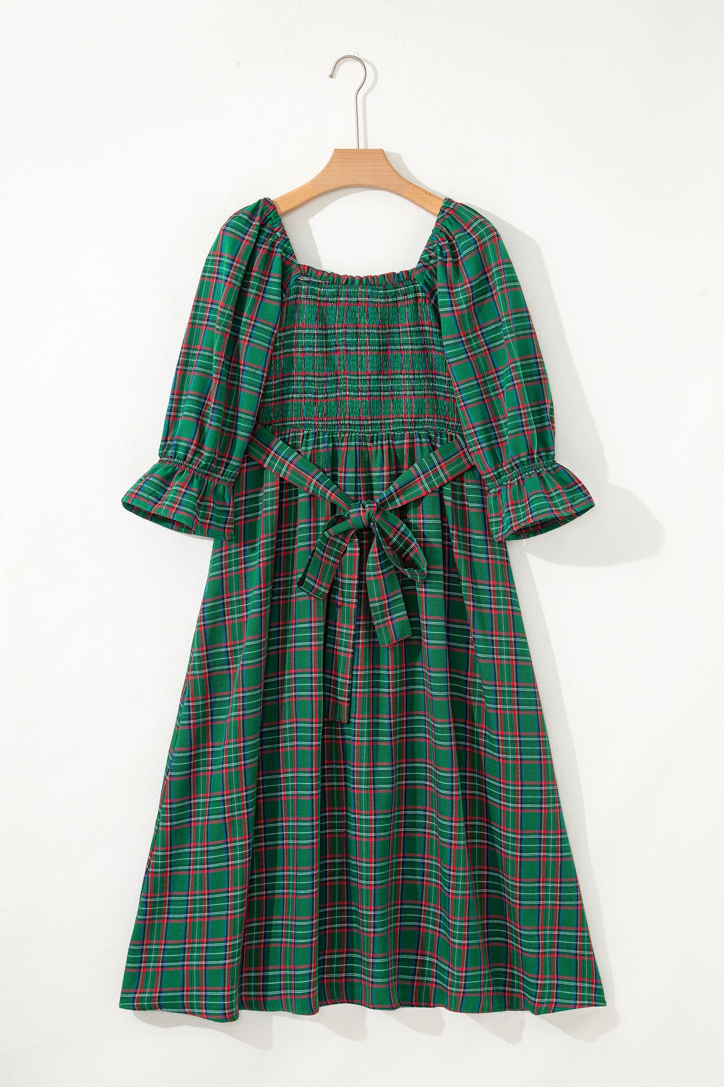 Green Tartan Plaid Square Neck Puff Sleeve Knot Waist Flared Midi Dress
