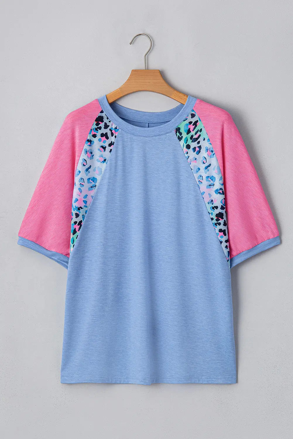 Sky Blue Leopard Print Patch Colorblock Plus Size T Shirt Dear-Lover Dropshipping