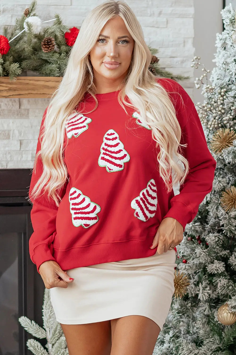 Red Playful Christmas Tree Patched Dropped Shoulder Sweatshirt Dear-Lover Dropshipping