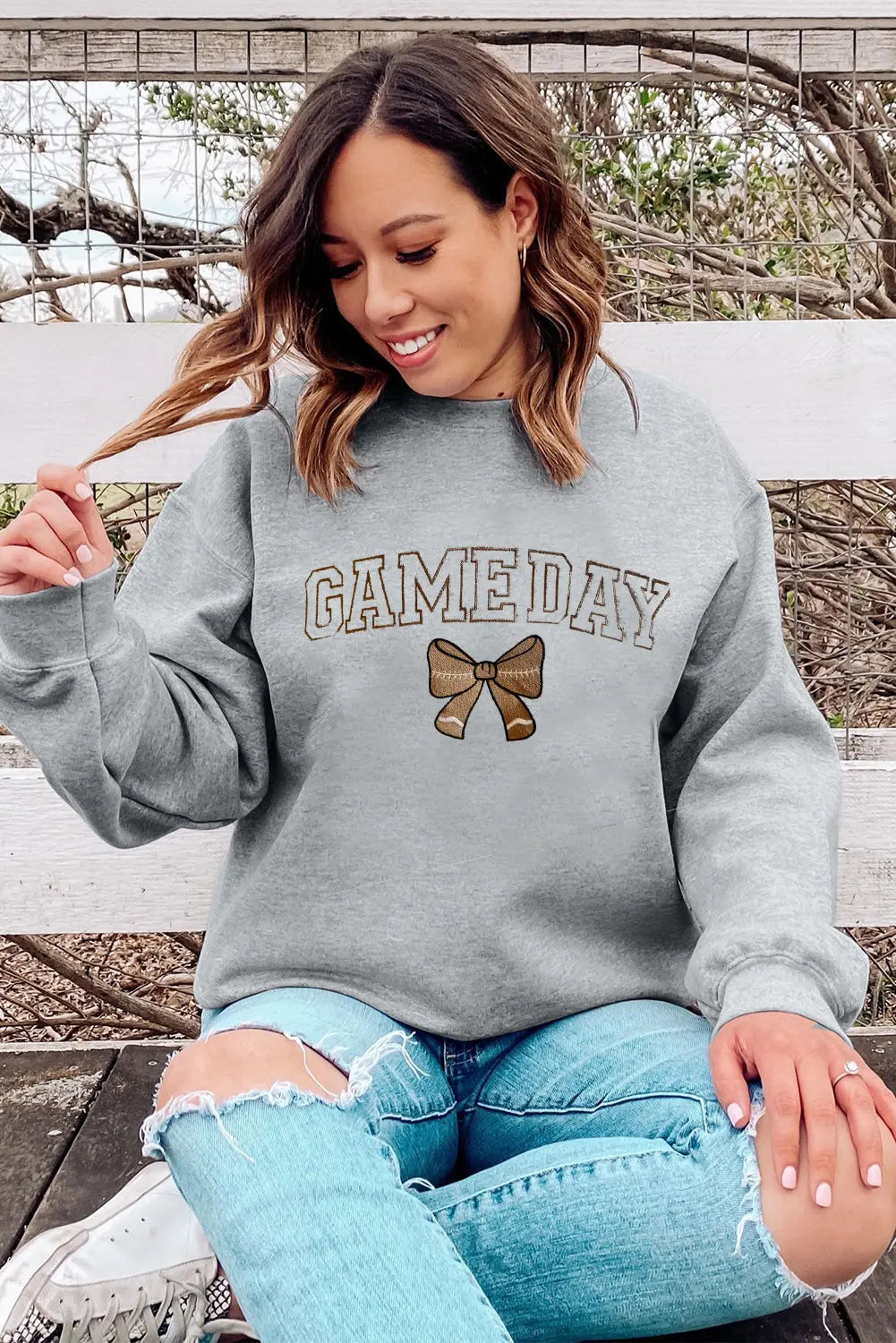 Gray GAME DAY Rugby Bow Embroidered Casual Sweatshirt Dear-Lover Dropshipping