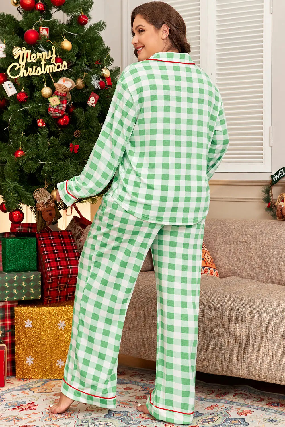 Green Plaid Print Contrast Trim Long Sleeve Plus Size Pajama Set Dear-Lover Dropshipping
