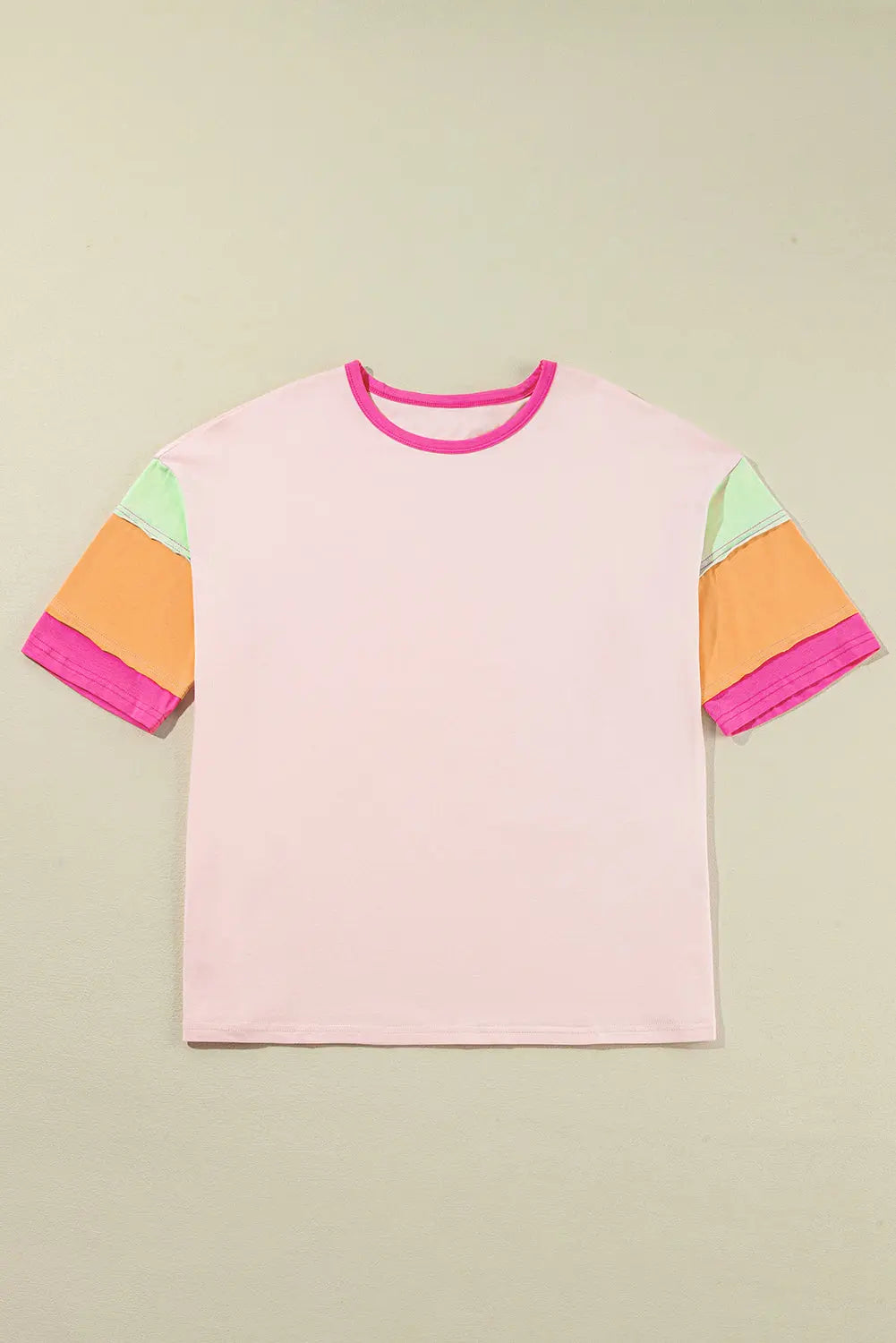 Pink Color Block Stitching Sleeve Round Neck Oversize Top Dear-Lover Dropshipping