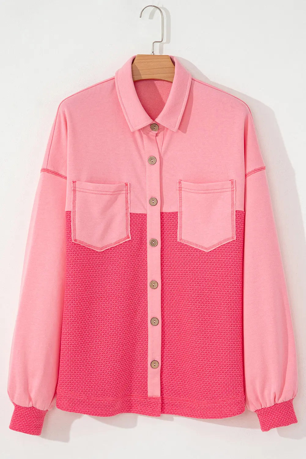 Peach Blossom Two Tone Contrast Waffle Knit Buttoned Loose Shacket Dear-Lover Dropshipping