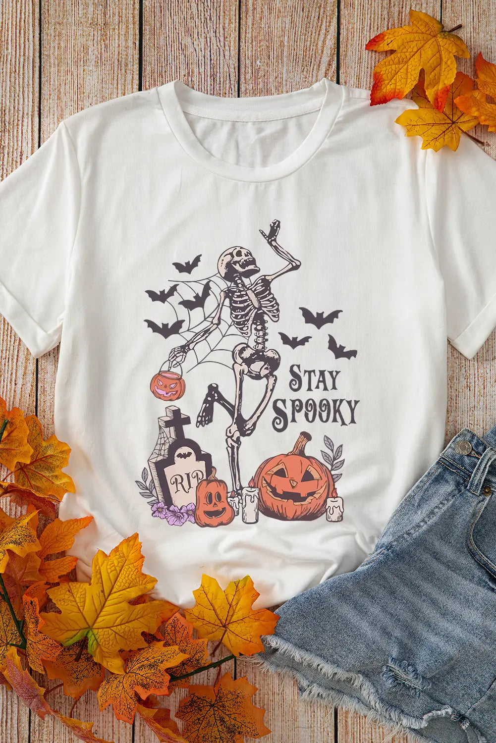 White Skull Pumpkin Face STAY SPOOKY Graphic Halloween T Shirt Dear-Lover Dropshipping