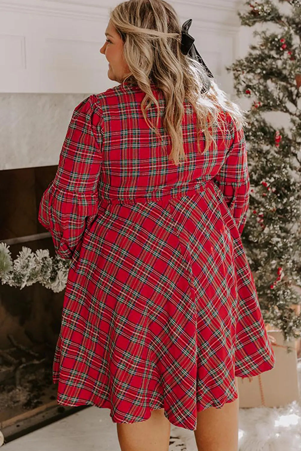 Red Plus Size Plaid Half Button Long Sleeve Holiday Dress Dear-Lover Dropshipping