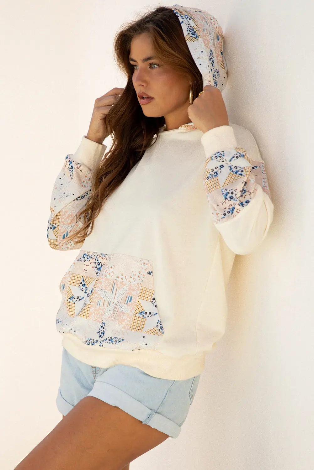Beige Western Geo Pattern Patchwork Hoodie with Kangaroo Pocket Dear-Lover Dropshipping