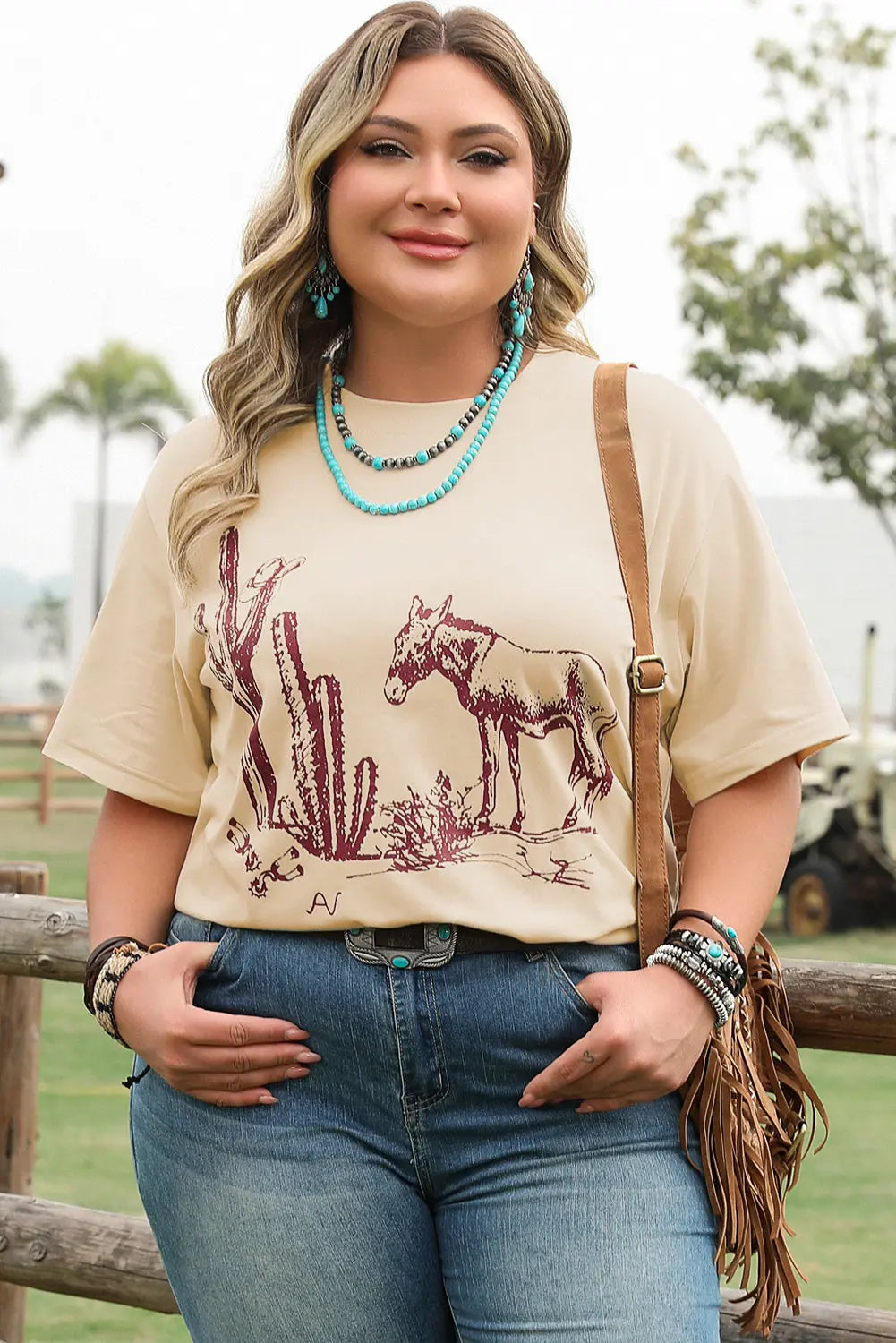 Parchment Western Burro Cactus Crew Neck Graphic Tee Dear-Lover Dropshipping