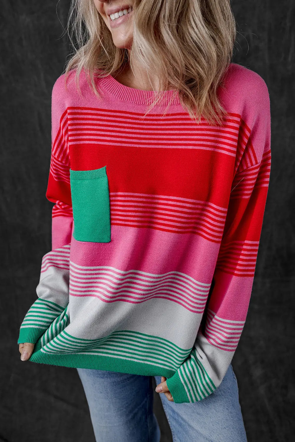 Rose Striped Knit Patch Pocket Drop Shoulder Sweater Dear-Lover Dropshipping