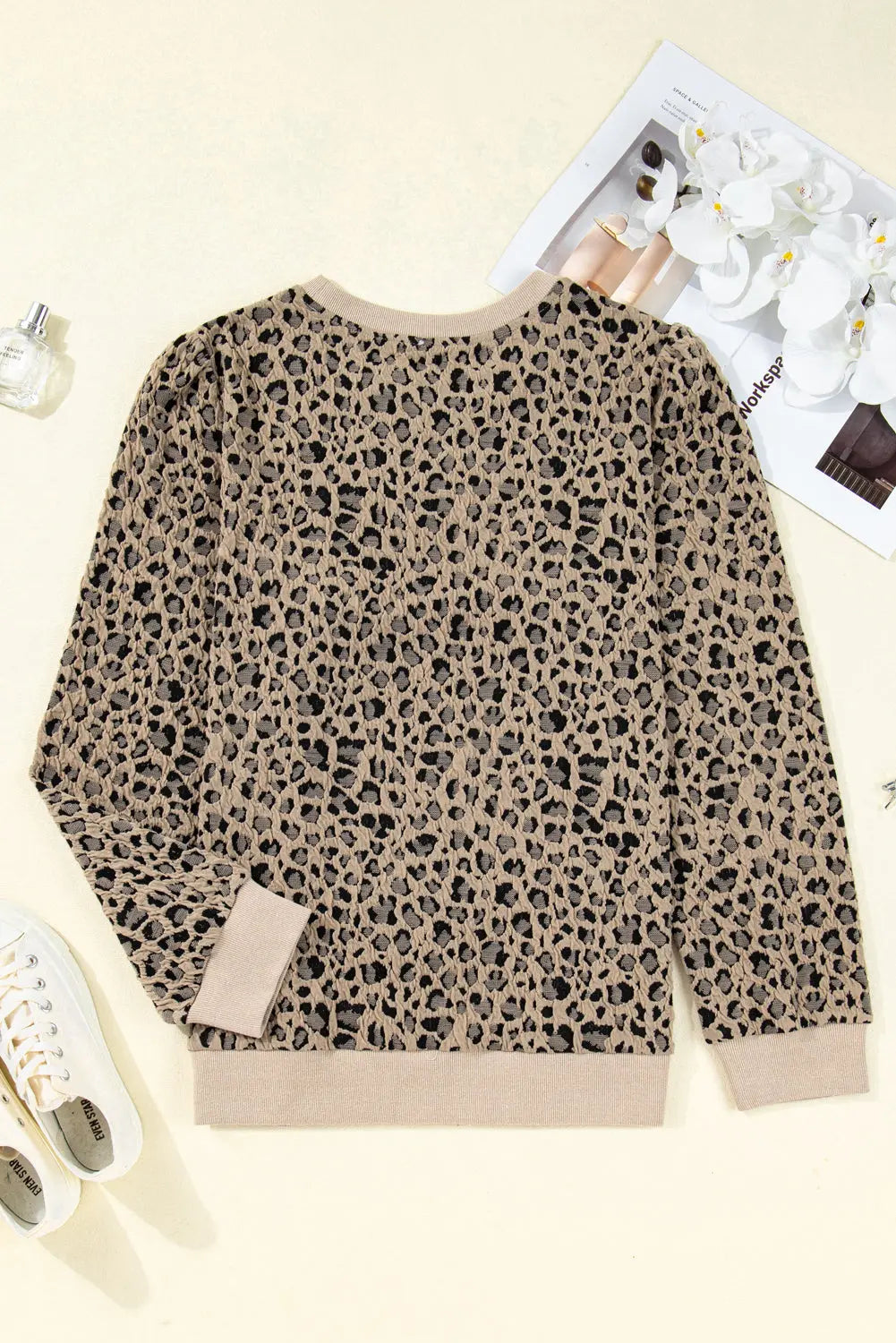 Khaki Leopard Textured Ribbed Trim Plus Size Long Sleeve Top Dear-Lover Dropshipping