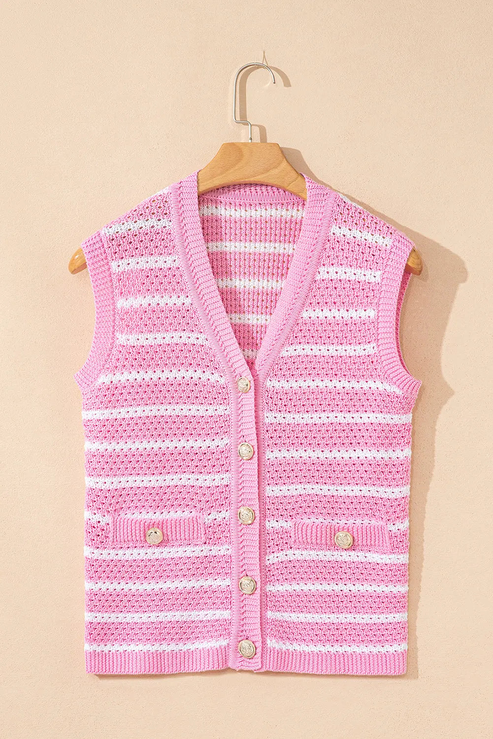 Pink Stripe V Neck Gold Buttons Elegant Sweater Vest Dear-Lover Dropshipping