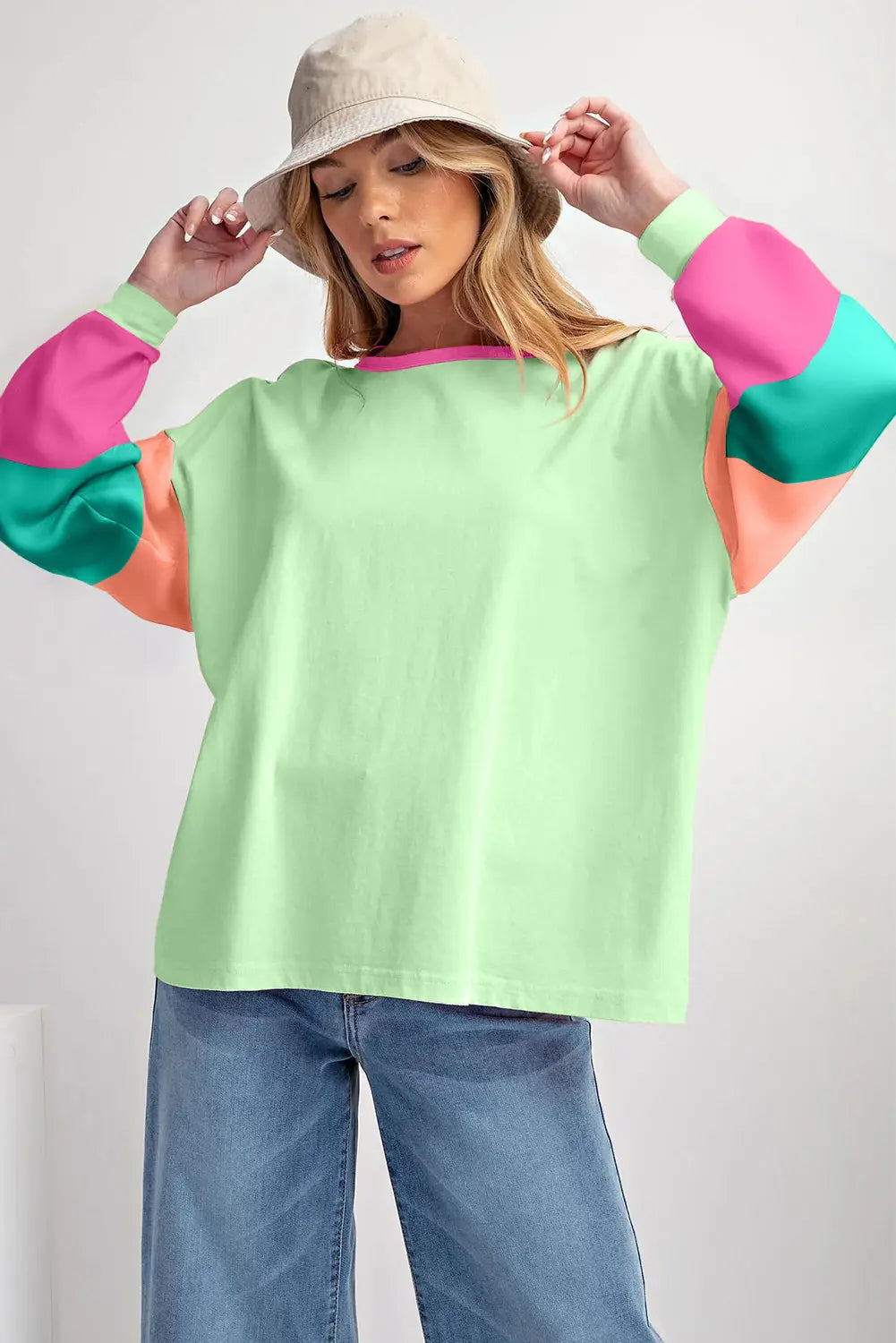 Green Colorblock Patchwork Long Sleeve Loose Top Dear-Lover Dropshipping