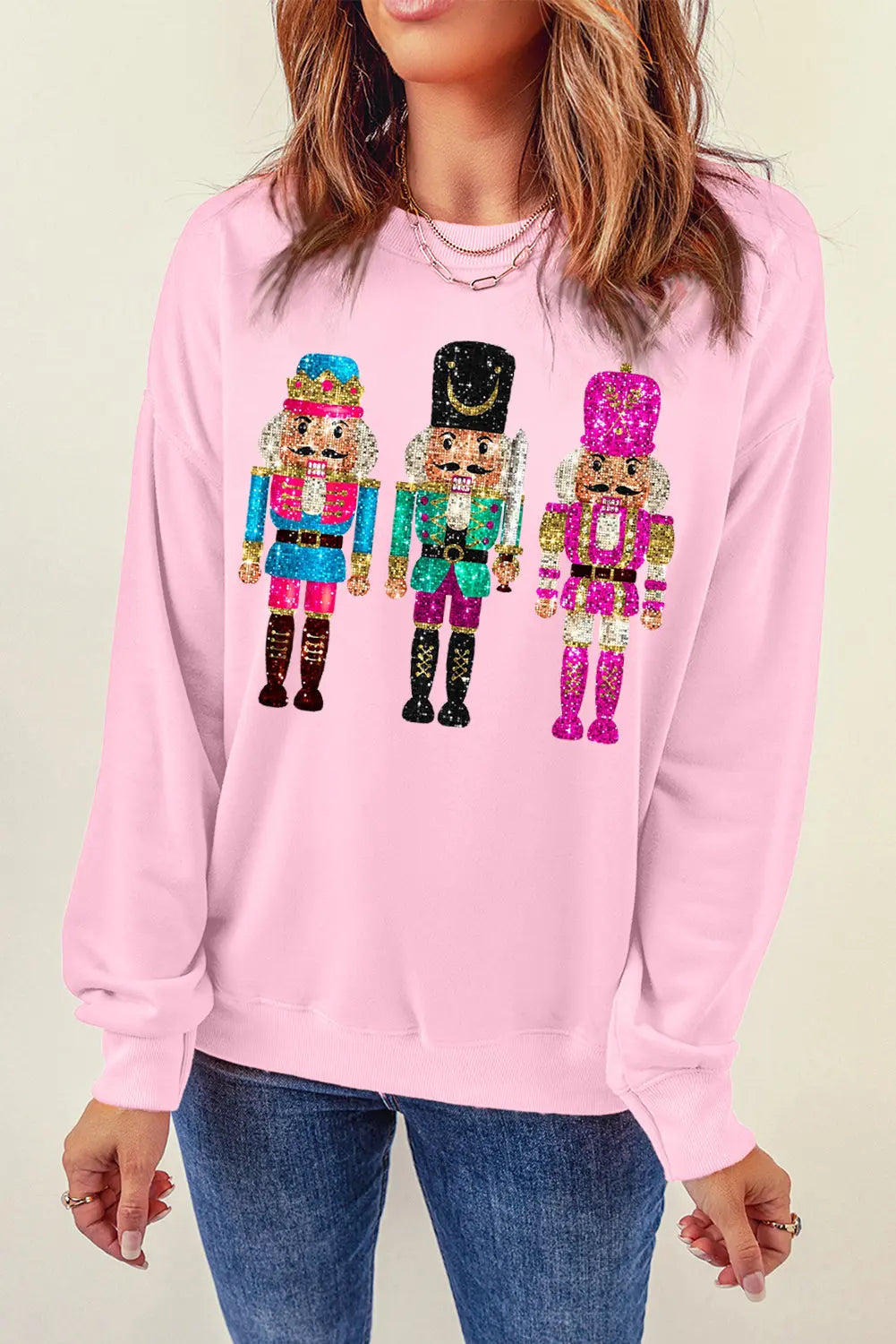 Pink Cute Nutcracker Printed Drop Shoulder Christmas Sweatshirt Dear-Lover Dropshipping