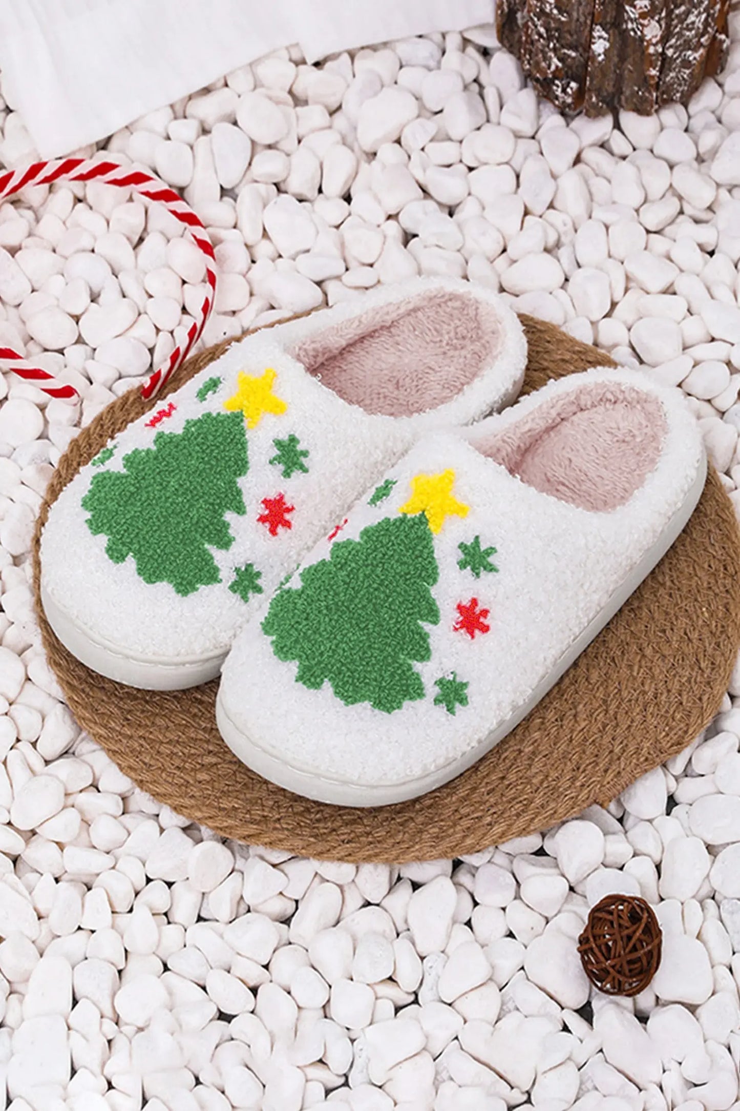 White Fuzzy Christmas Tree Pattern Home Slippers Dear-Lover Dropshipping