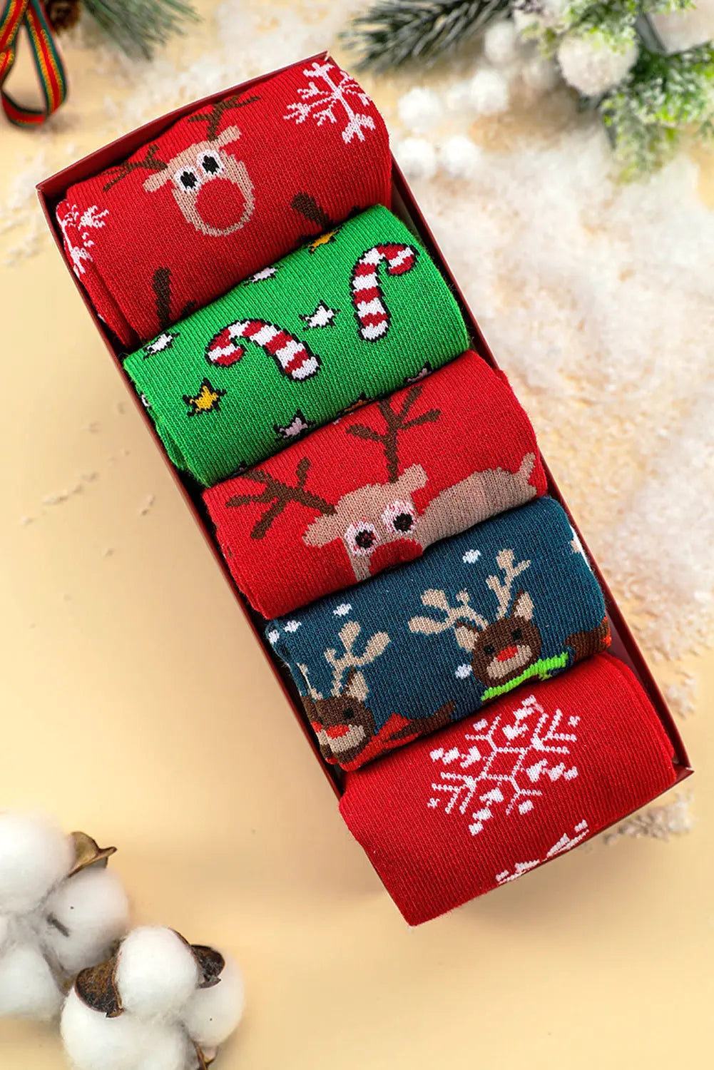Fiery Red 5 Pairs/Set Christmas Cartoon Elk Soft Socks Set with Box Dear-Lover Dropshipping