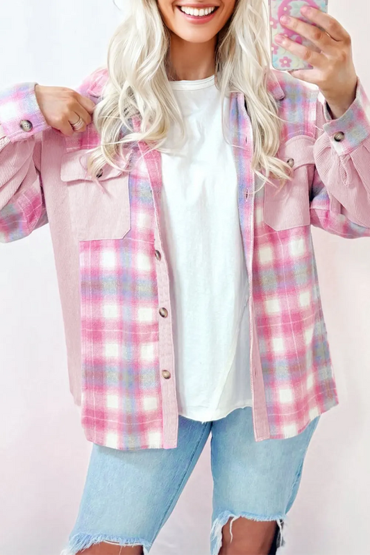 Pink Brushed Plaid Corduroy Flap Pockets Patchwork Shacket Dear-Lover Dropshipping