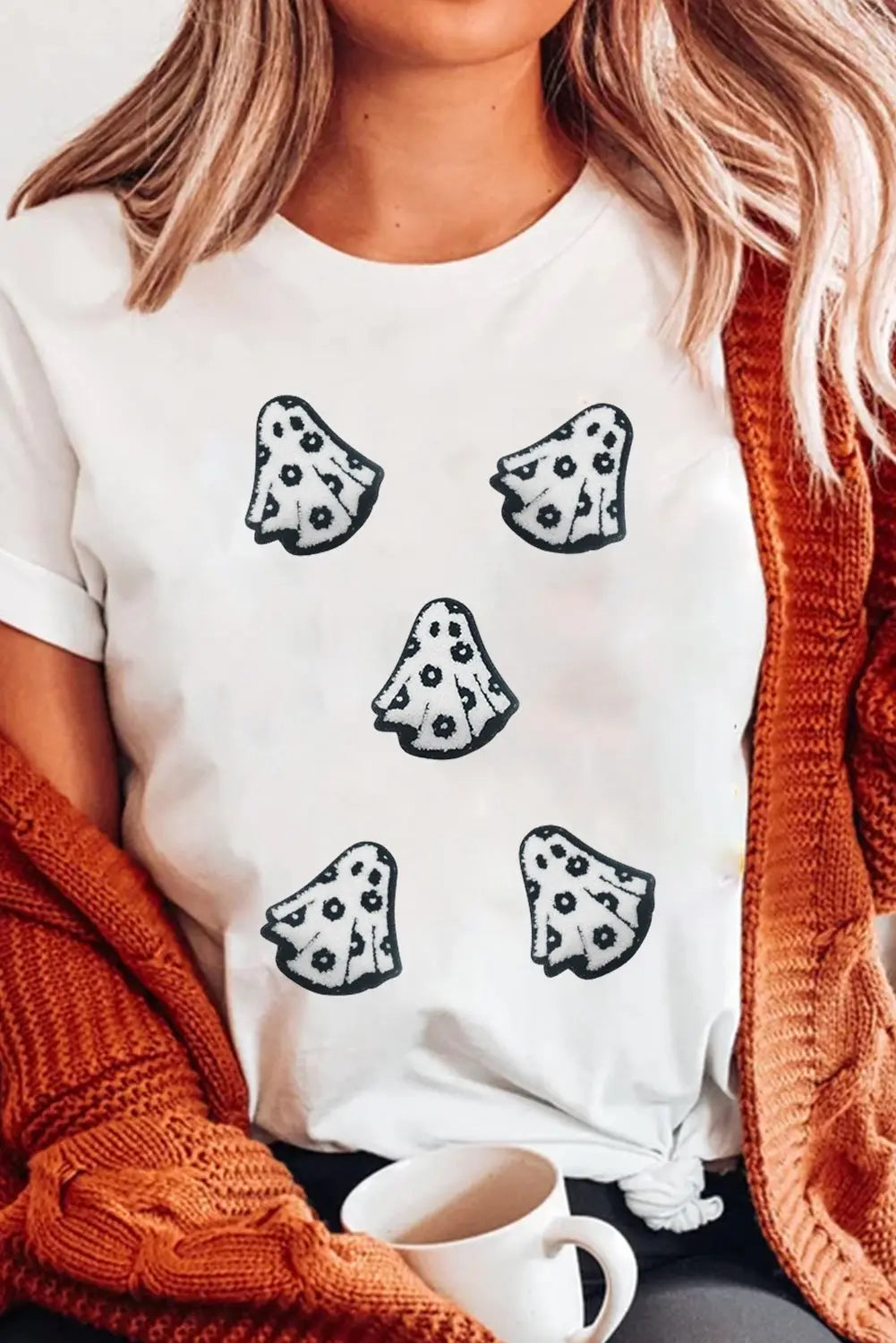 White Playful Ghost Patched Cotton Blend T Shirt Dear-Lover Dropshipping