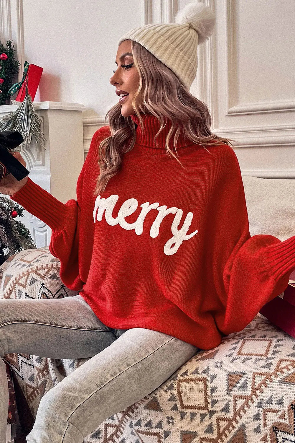 Fiery Red Merry Letter Embroidered High Neck Sweater Dear-Lover Dropshipping