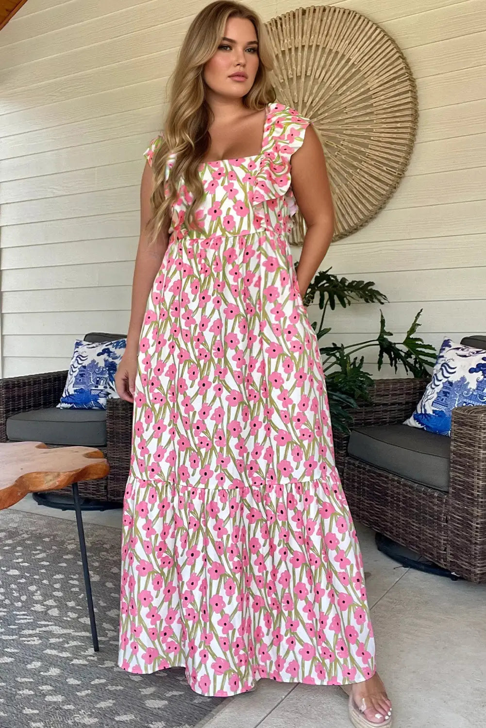 Pink Plus Size Ruffle Trim Square Neck High Waist Floral Maxi Dress Dear-Lover Dropshipping