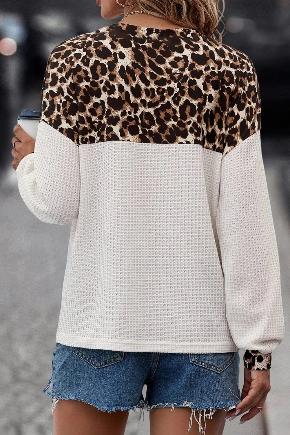 White Leopard Waffle Knit Patchwork Button V Neck Top Dear-Lover Dropshipping