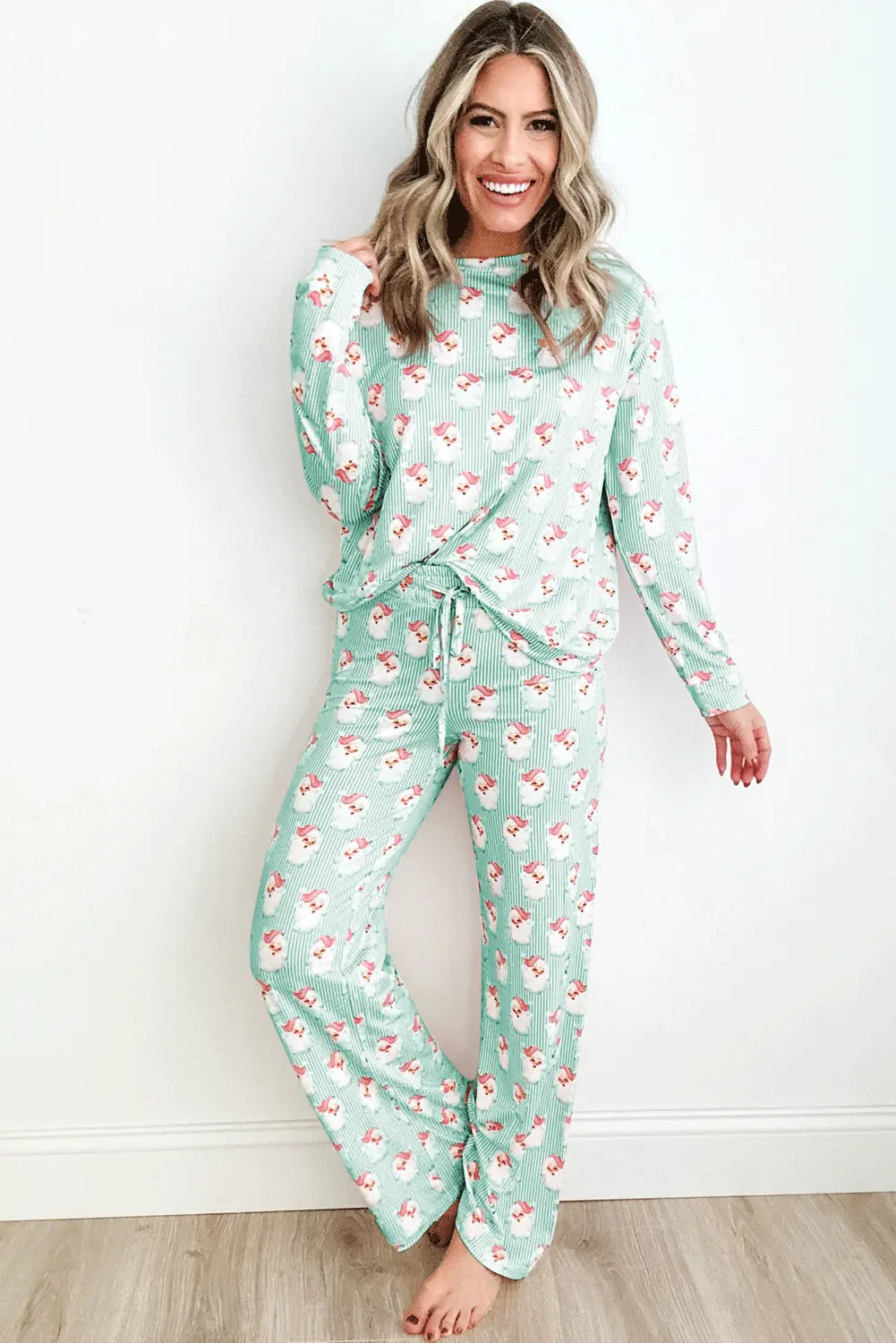 Green Santa Claus Striped Print Loose Fit Two Piece Lounge Set Dear-Lover Dropshipping