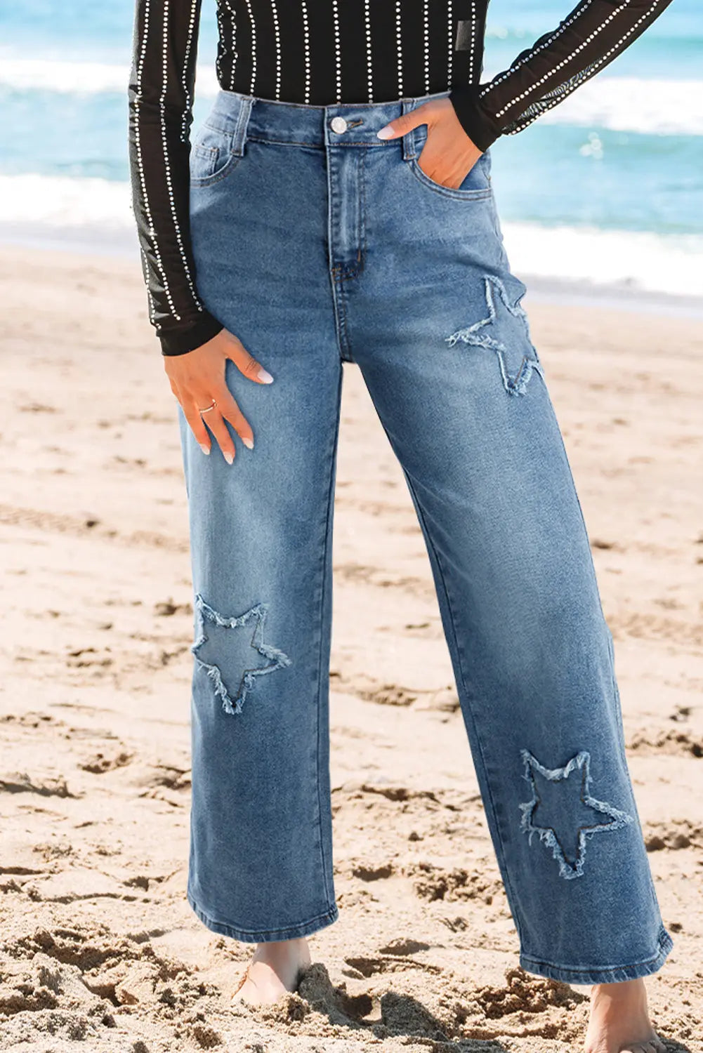 Stone Blue Star Patchwork Cropped Wide Leg High Waist Jeans Dear-Lover Dropshipping