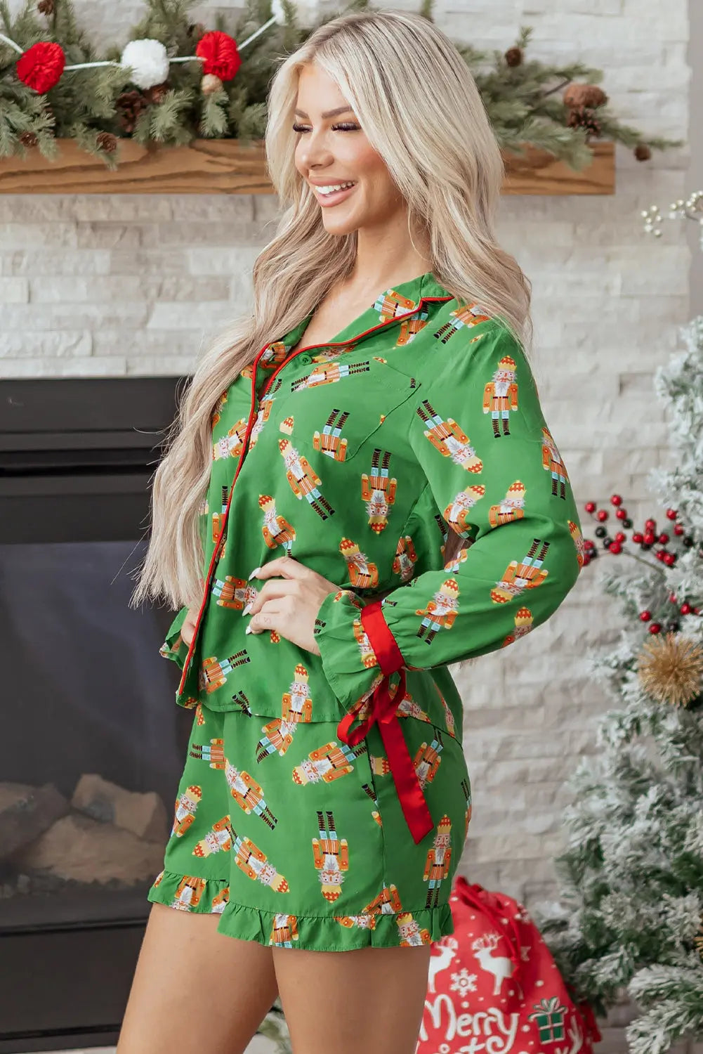 Green Christmas Candy Contrast Trim Bow Knot Silky 2pcs Pajama Set Dear-Lover Dropshipping