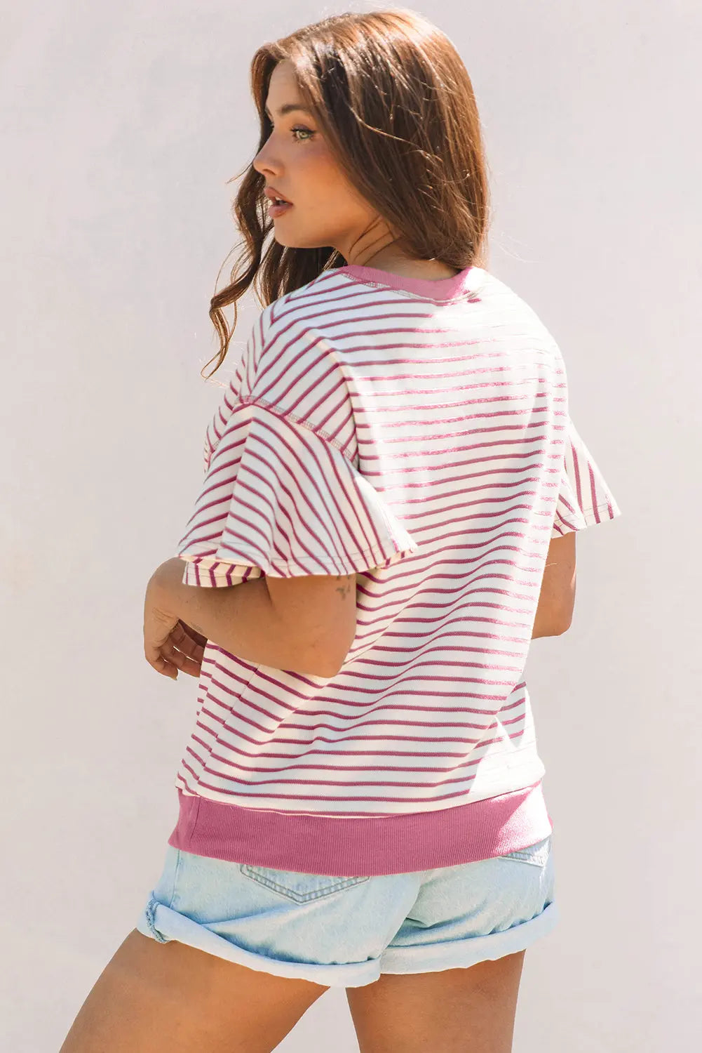 Sachet Pink Contrast Detail Striped Ruffle Short Sleeve Top Dear-Lover Dropshipping