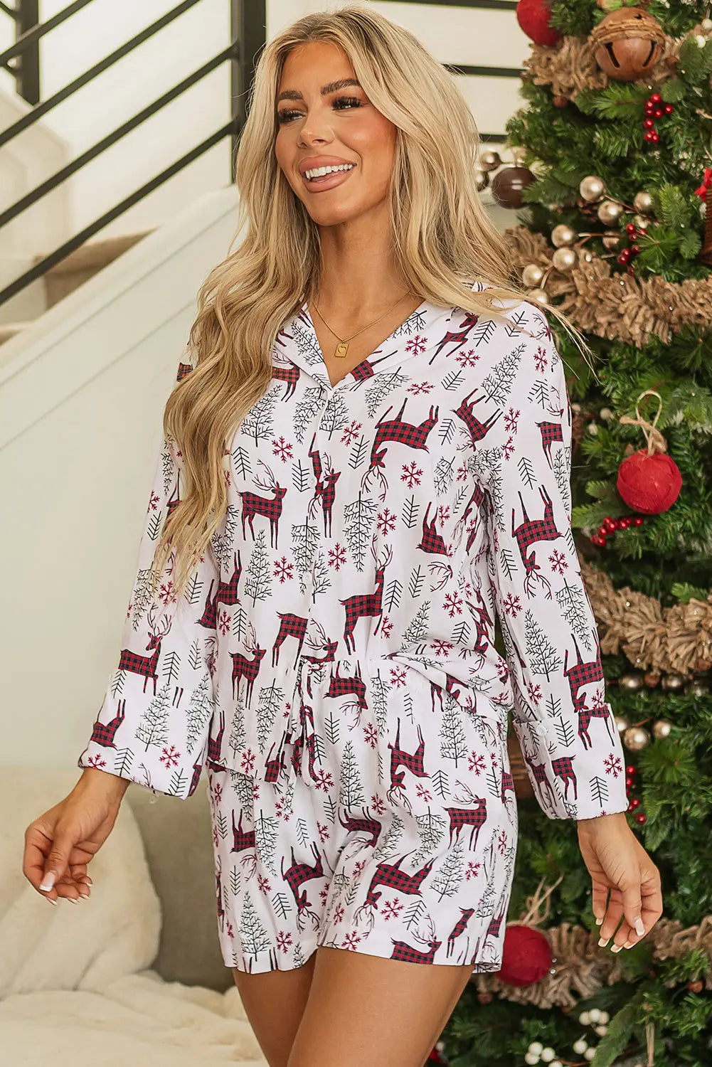 White Christmas Deer Printed Shirt and Shorts Lounge Set Dear-Lover Dropshipping